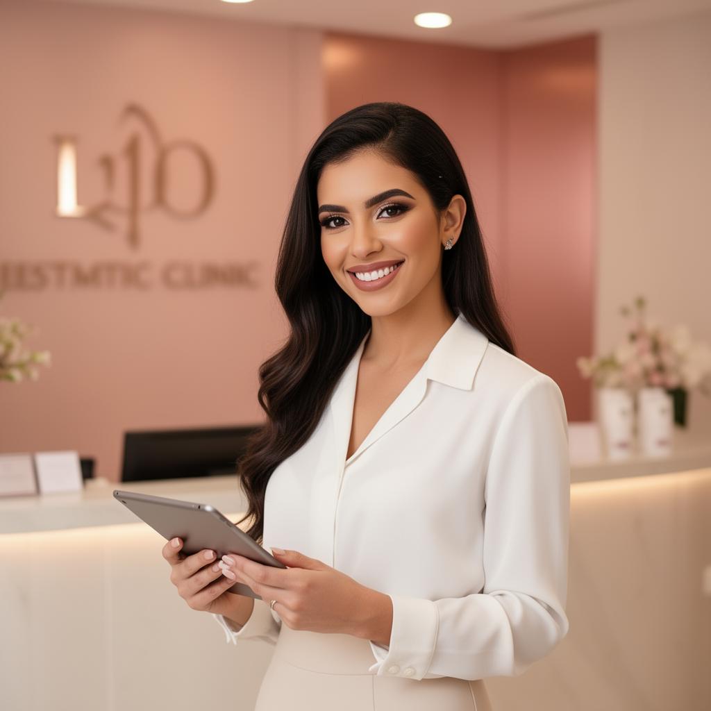 Atendente da Clínica Lidiana recebendo cliente com sorriso acolhedor